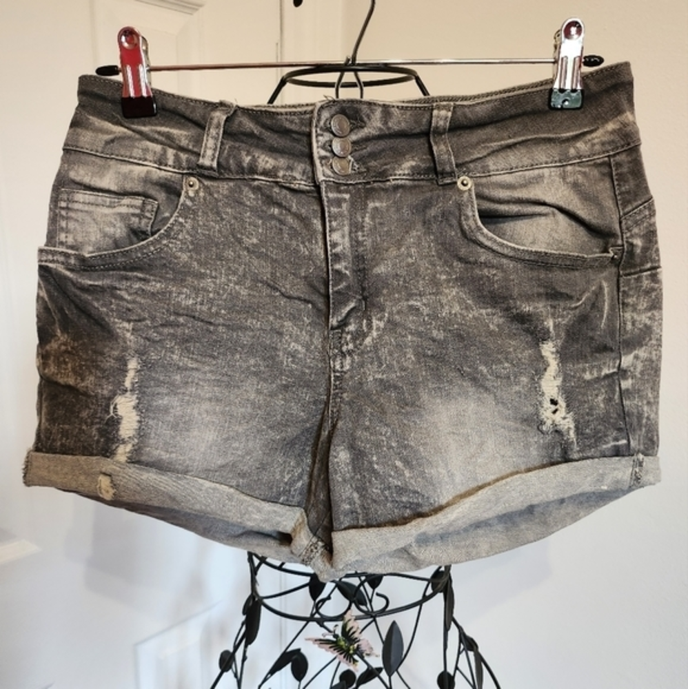 Hi-rise denim distressed mini shorts